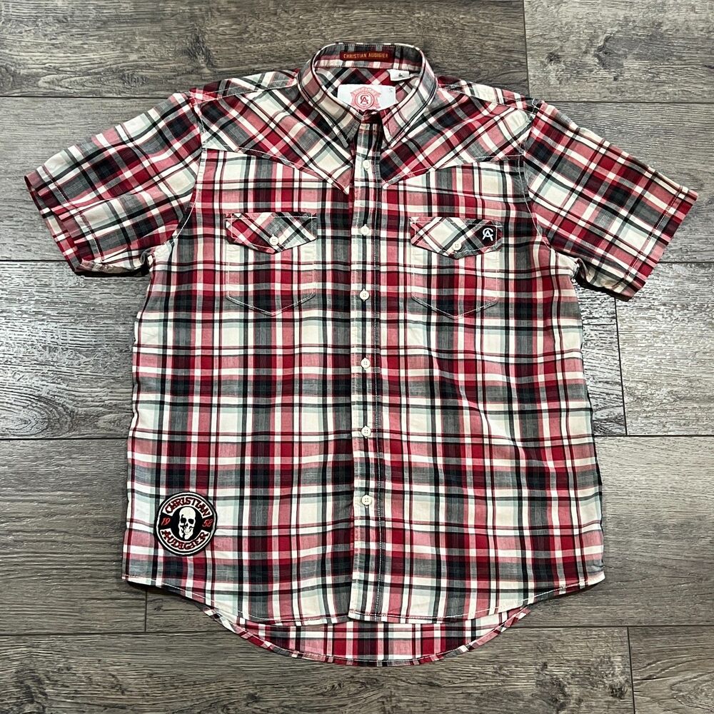 Vintage Y2K Christian Audigier Plaid Skull Patch Ed Hardy Style Shirt Men's L/XL